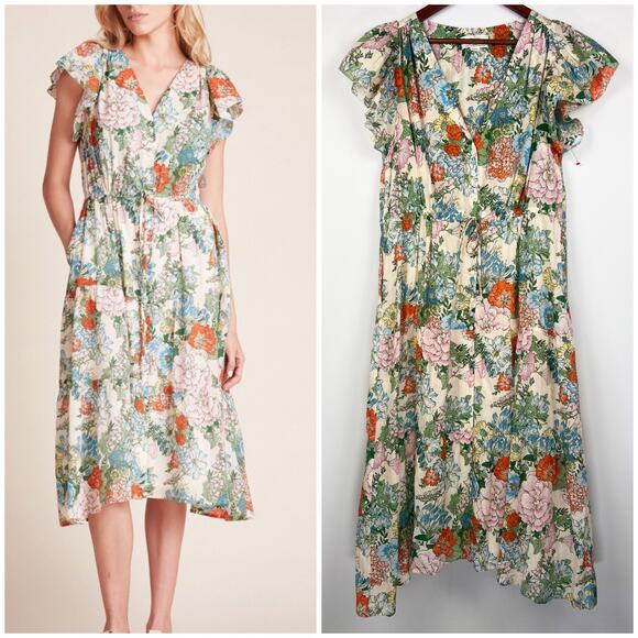 Trovata Birds of Paradis Floral Midi Dress L Ramie Cotton V-Neck Tiered Boho - Picture 8 of 9